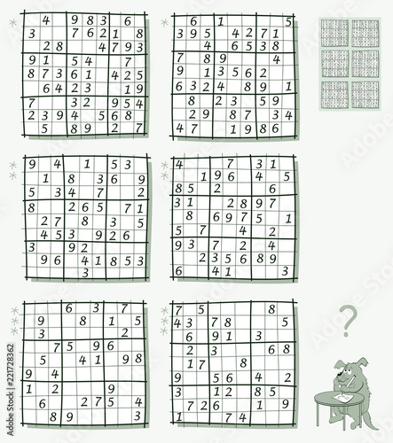 Logic Sudoku game. Set of different level puzzles. Worksheet for children and adults. Vector image.