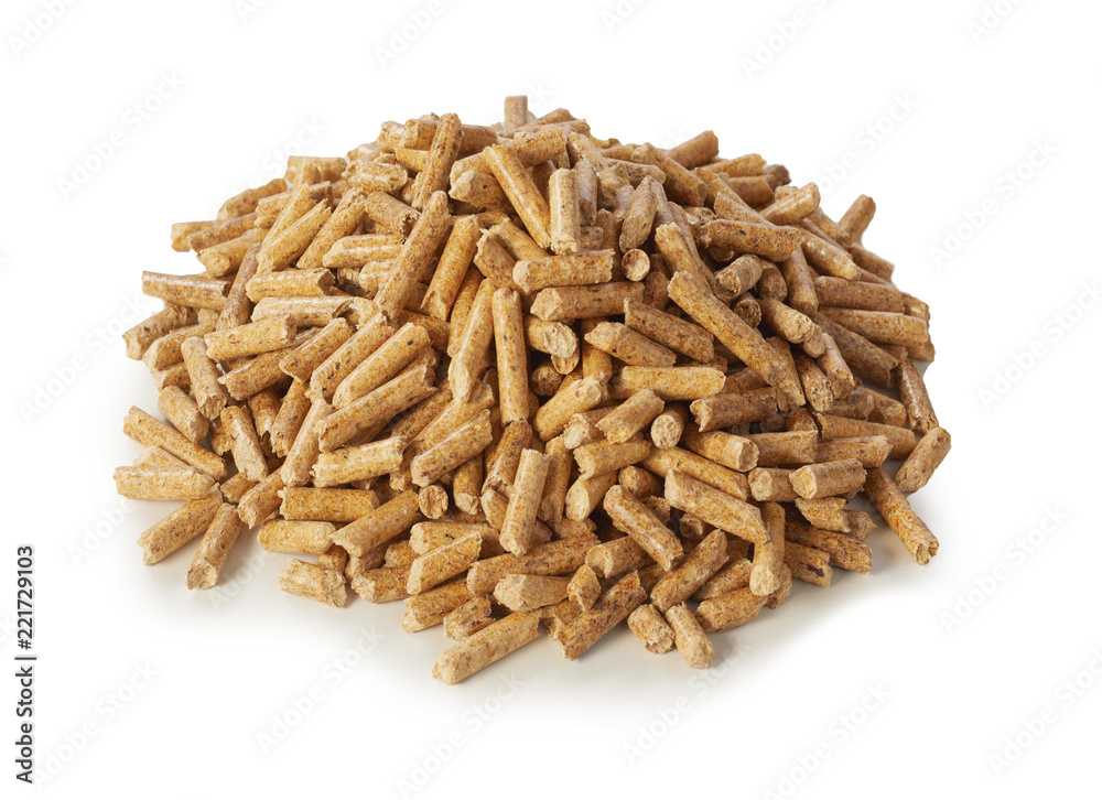 Heap of compressed wood pellets on white Heap of compressed wood pellets on white