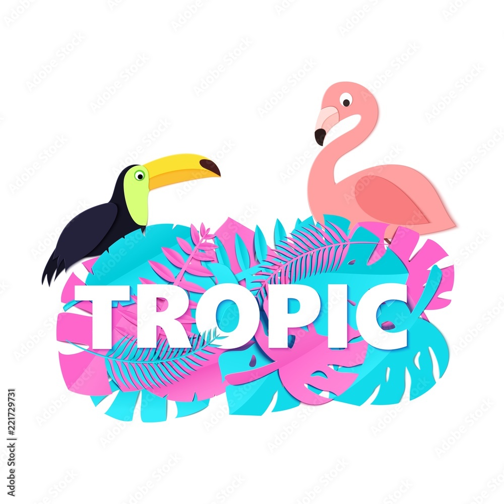 Obraz premium Word TROPIC composition with creative pink blue jungle leaves toucan flamingo on white background in paper cut style. White letters for banner, flyer T-shirt printing. Vector card illustration.