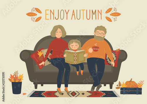 Enjoy Autumn. Happy family sit on sofa at home. Cozy home.  Autumn decor. Original vector illustration.