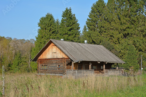 Wooden log house on the edge of the forest