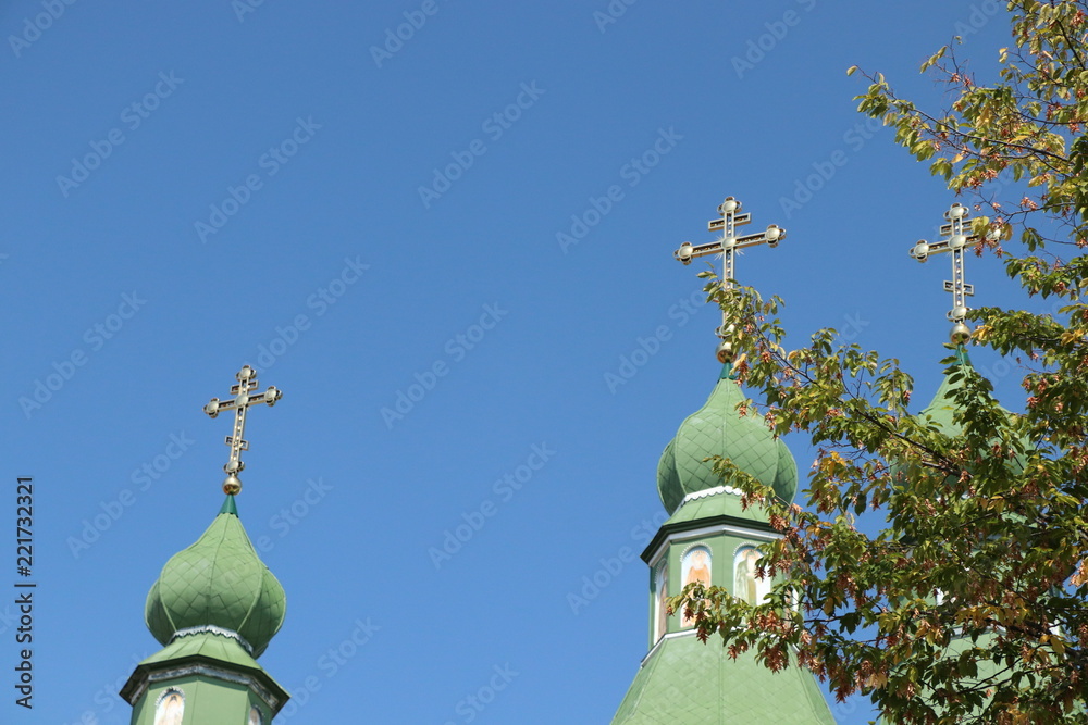 golden domes of orthodox church in Mukachevo Ukraine