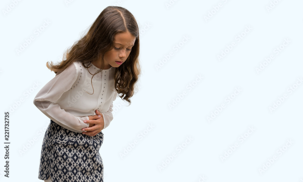 Brunette hispanic girl with hand on stomach because indigestion, painful illness feeling unwell. Ache concept. Brunette hispanic girl with hand on stomach because indigestion, painful illness feeling unwell. Ache concept.