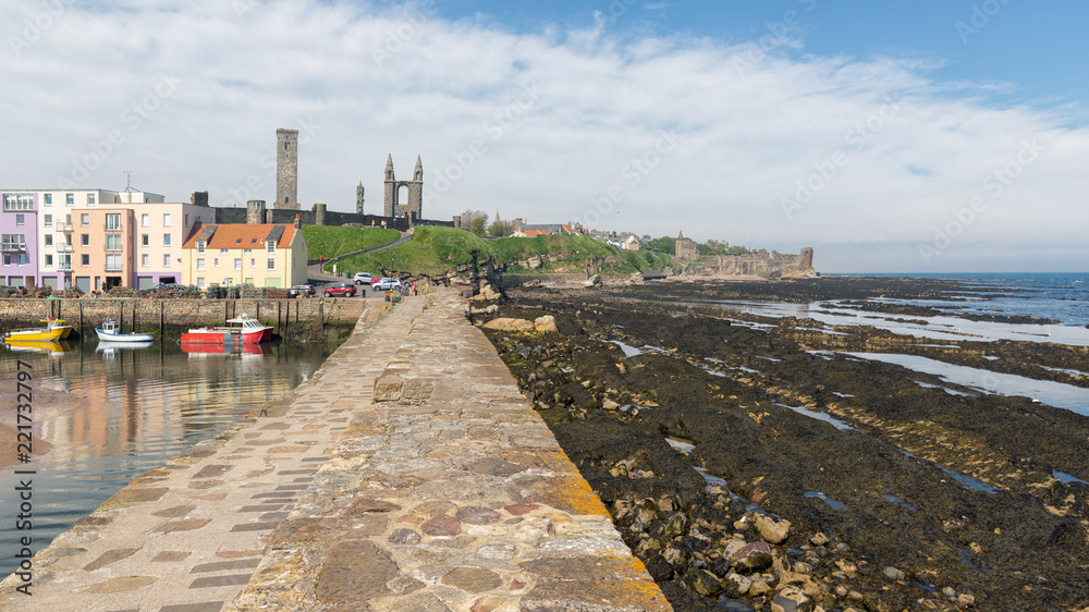 Harbor and skyline with ruins of cathedral and castle of St Andrews, Scotland