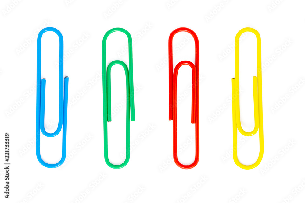 Colored paper clips close-up isolated on a white background, with clipping path Colored paper clips close-up isolated on a white background, with clipping path