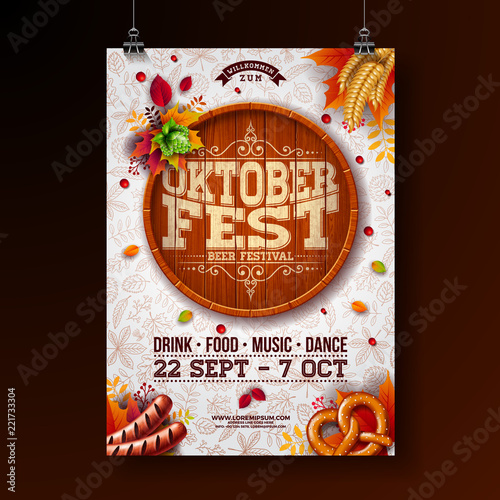 Oktoberfest poster vector illustration with beer barrel, pretzel, sausage and falling autumn leaves on light doodle pattern background. Celebration flyer template for traditional German beer festival.