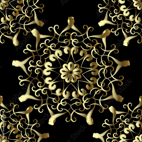 Gold embroidery style floral vector seamless pattern. Tapestry trxtured background. Vintage grunge mandala. Decorative abstract embroidered flowers, leaves, swirls, lines. Textured ornate design. photo