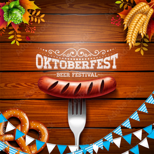 Oktoberfest Banner Illustration with Typography Lettering on Wooden Background. Vector Traditional German Beer Festival Design with Bavaria Party Flag, Pretzel, Sausage, Wheat and Hop for Greeting