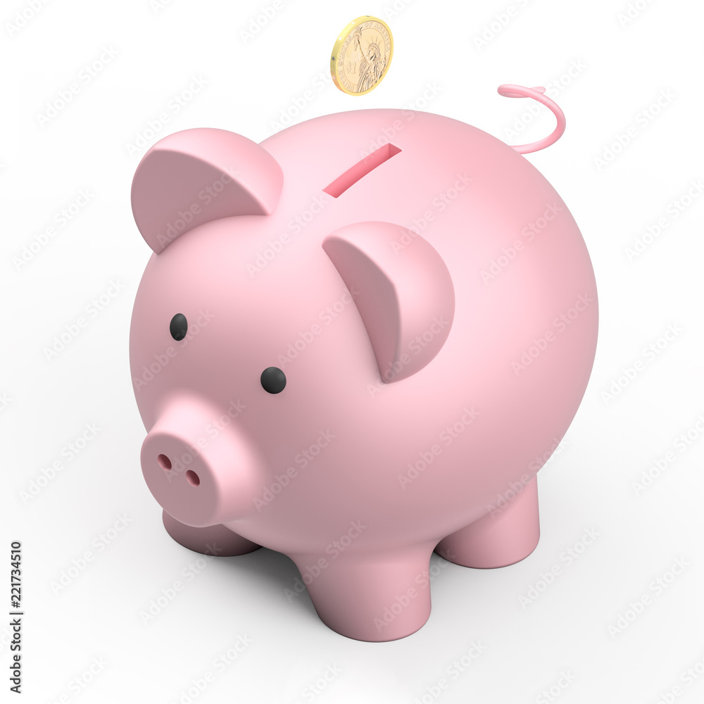 Fototapeta premium Pink piggy bank isolated on white background, 3d render illustration