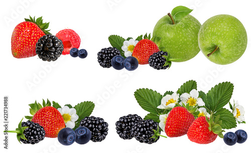 apples and collection of fresh berries isolated on white
