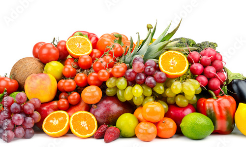 Collection multi-colored vegetables  fruits and berries isolated on white