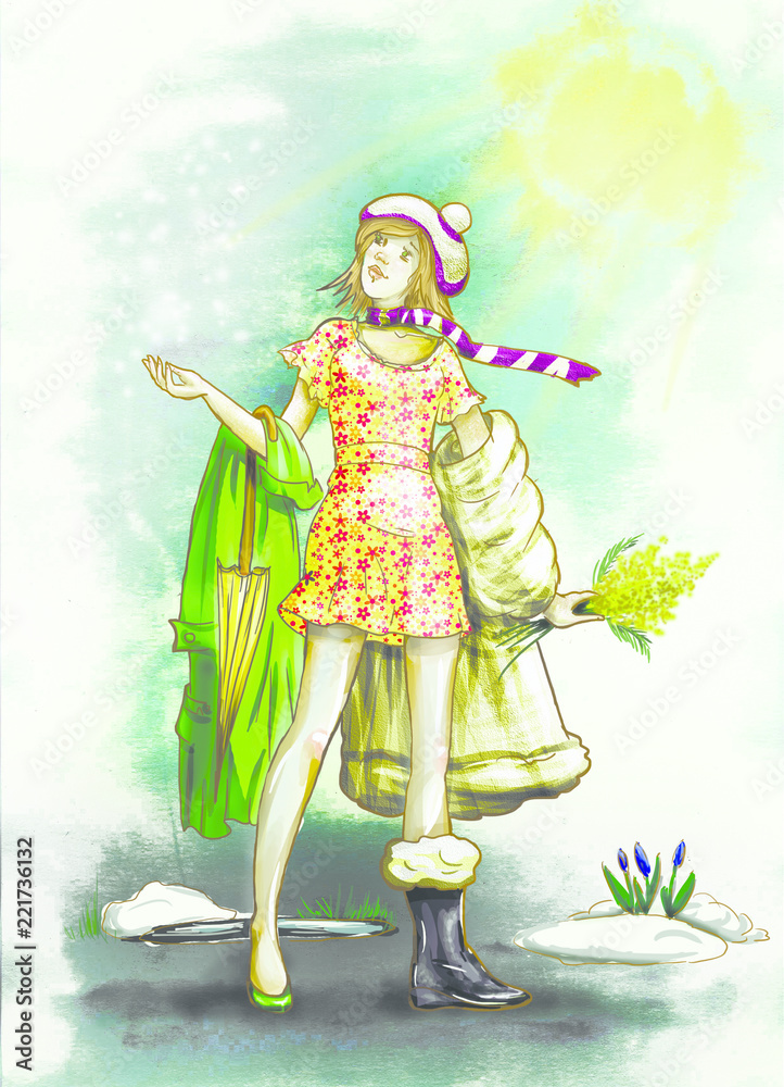 Girl and weather. Colorful illustration. Hand drawn illustration. March. Spring. Girl and weather. Colorful illustration. Hand drawn illustration. March. Spring.