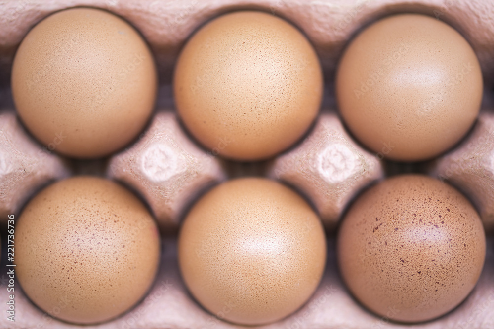Eggs in the tray. View from above close up Eggs in the tray. View from above close up