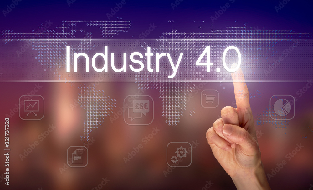 A hand selecting a Industry 4.0 business concept on a clear screen with a colorful blurred background. A hand selecting a Industry 4.0 business concept on a clear screen with a colorful blurred background.