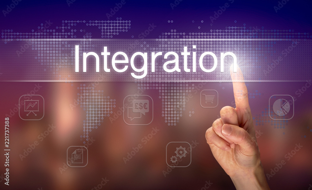 A hand selecting a Integration business concept on a clear screen with a colorful blurred background. A hand selecting a Integration business concept on a clear screen with a colorful blurred background.