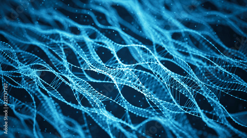 Molecular background with DNA. Network concept with connecting dots and lines. Abstract particles. Big data visualization. Sound wave. 3d rendering.