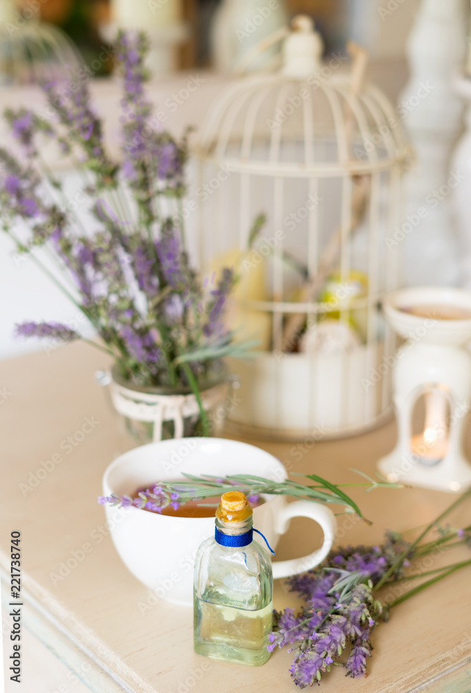 Lavanda essential oil for aromatherapy/ Wellness concept/ Provence french style/ Soft focus /Toned