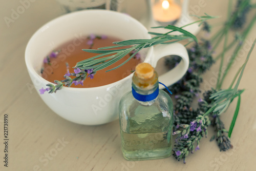 Hot herbal lavanda tea  Lavanda infusion  Wellness concept  Provence french style  Soft focus  Toned