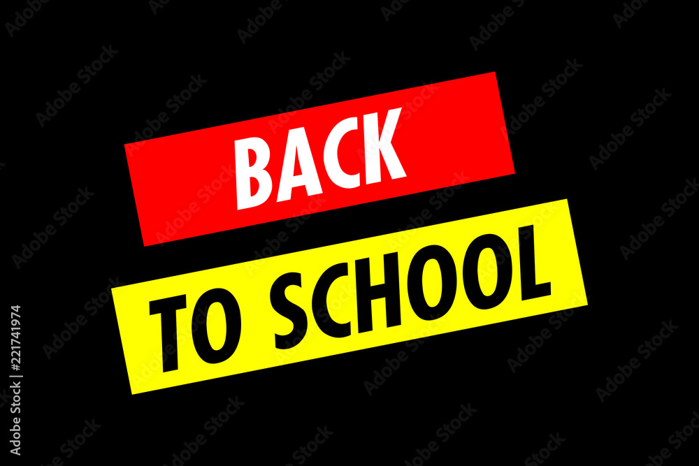 Two angled lines of text: Back to School. 1970s progressive poster style. White, red and yellow on black.
