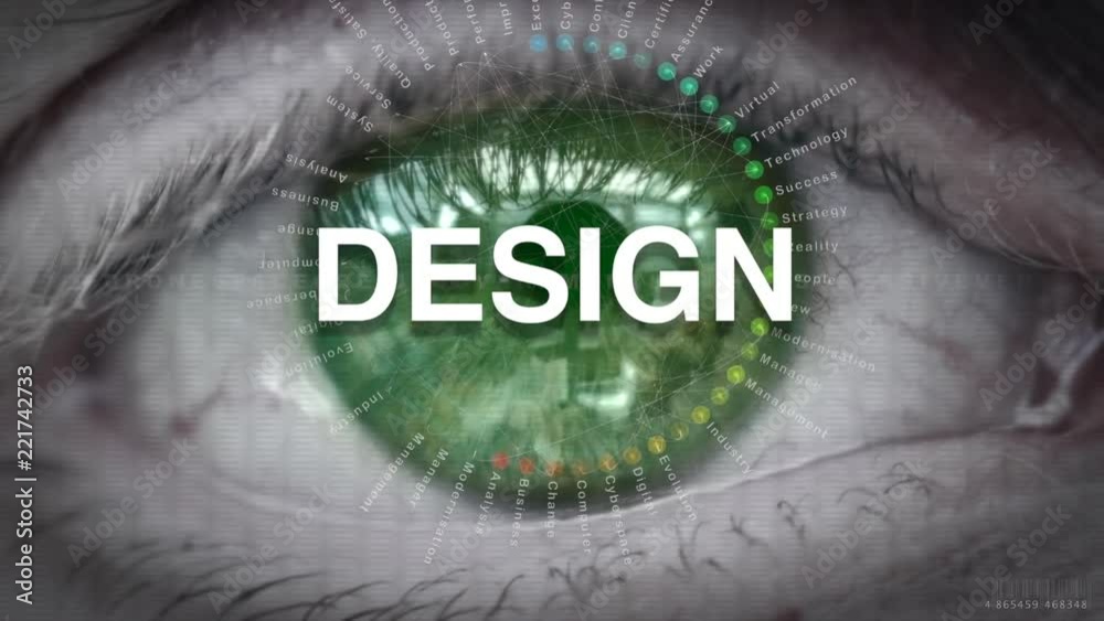 Close up of an eye focusing on Design concept on a futuristic screen.