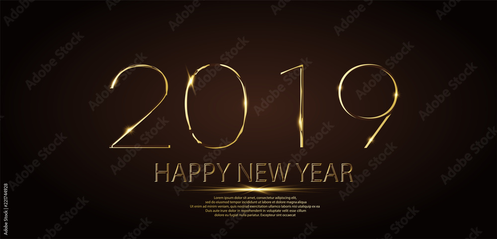 Happy New Year 2019 winter holiday greeting card design template. Party poster, banner or invitation gold glittering stars confetti glitter decoration. Vector background for happy new year 