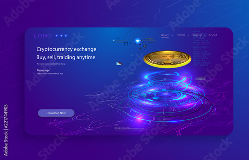 Bitcoin conceptual background with blue glowing electric lights in style hud. Modern bright banner, site template with place for your text.