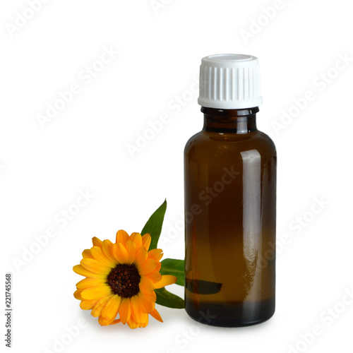 Calendula essential oil isolated on white background