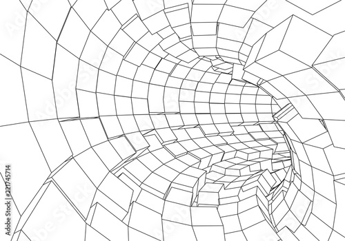 Tunnel or wormhole. Digital 3d wireframe tunnel. 3D tunnel grid. Network cyber technology. Surrealism. Background abstract vector image. 3D illustration tunnel