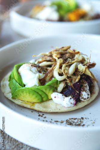 Tortilla with avocado, fresh cheese, beetroot and oyster mushrooms