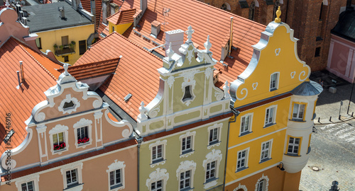 Panorama from the main building in the town of Opole. Colorful houses and pavements, magnificent area. Historical architecture of Europe.