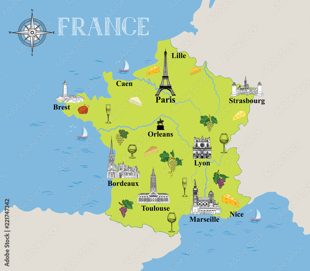 Fototapeta premium Touristic map of France. Travel gastronomic destination background