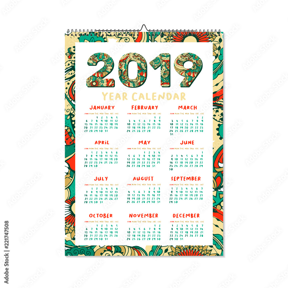 2019 Year Calendar. Xmas or Happy New Year Holiday Design. Isolated