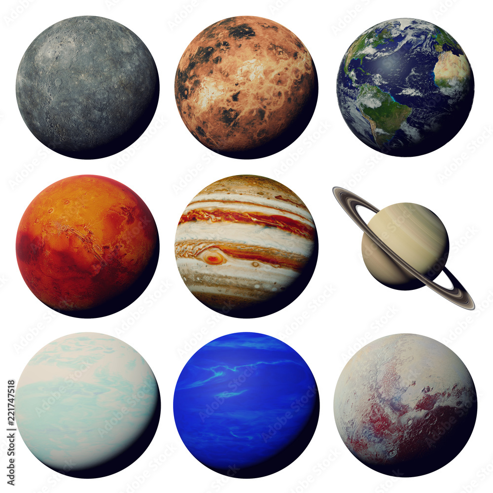 Naklejka premium planety Układu Słonecznego na białym tle (renderowanie przestrzeni 3d, elementy tego obrazu są dostarczane przez NASA)