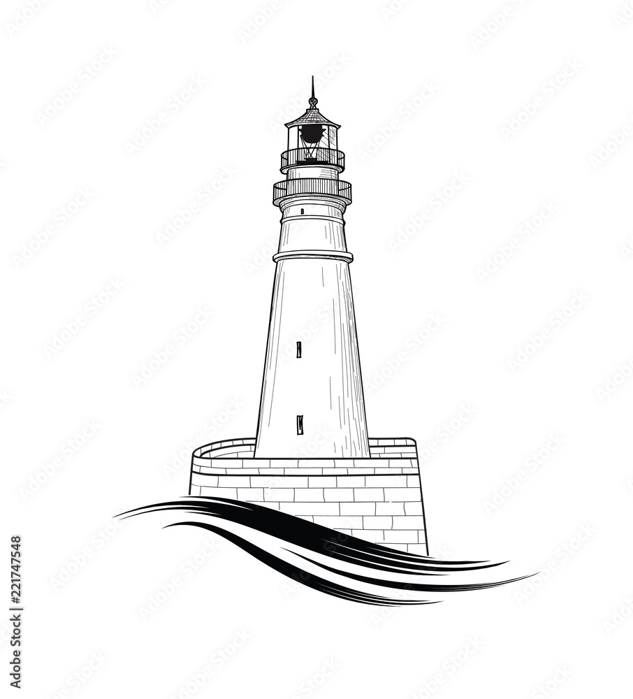 Lighthouse logo. Hand drawn sketch symbol of lighthouse with sea
