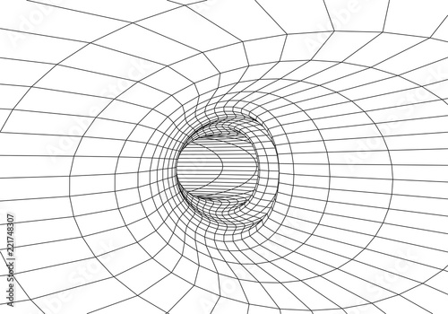 Tunnel or wormhole. Digital 3d wireframe tunnel. 3D tunnel grid. Network cyber technology. Surrealism. Background abstract vector image. 3D illustration tunnel