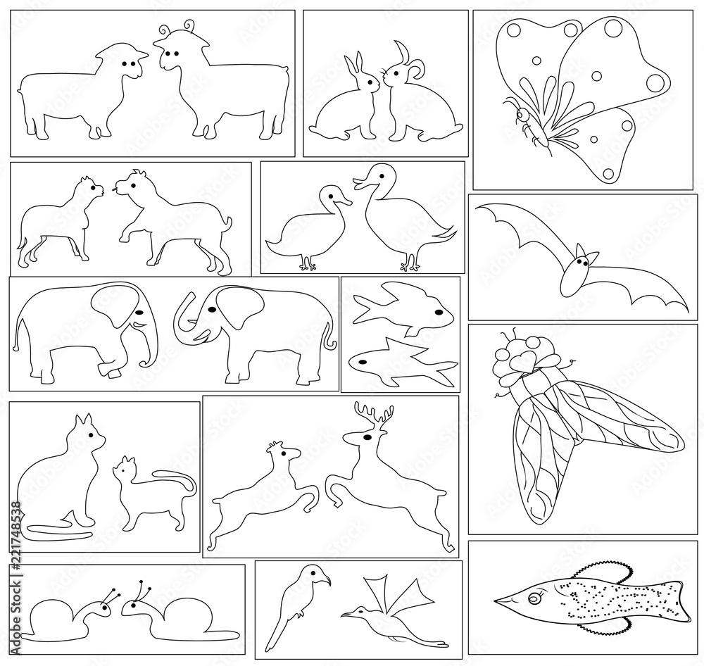 Coloring book with symbols of animals and insects. Vector. Stock Vector ...