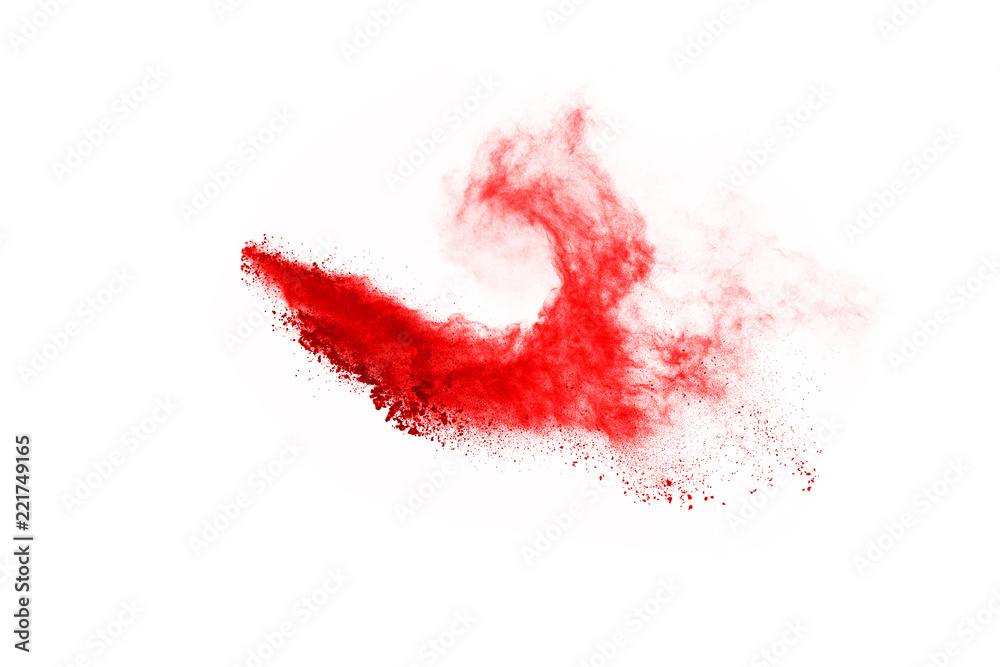 Freeze motion of red powder exploding, isolated on white background. Abstract design of red dust cloud. Particles explosion screen saver, wallpaper Freeze motion of red powder exploding, isolated on white background. Abstract design of red dust cloud. Particles explosion screen saver, wallpaper