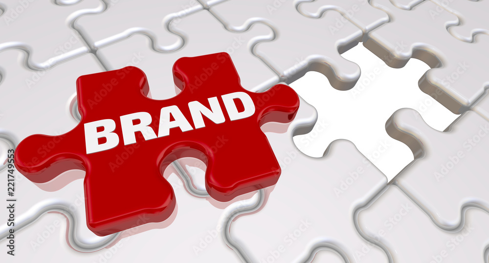 Brand. The inscription on the missing element of the puzzle. Folded white puzzles elements and one red with text BRAND. 3D Illustration Brand. The inscription on the missing element of the puzzle. Folded white puzzles elements and one red with text BRAND. 3D Illustration