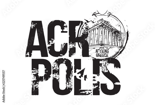 Acropolis. Athens, Greece logo design. Hand drawn illustration.