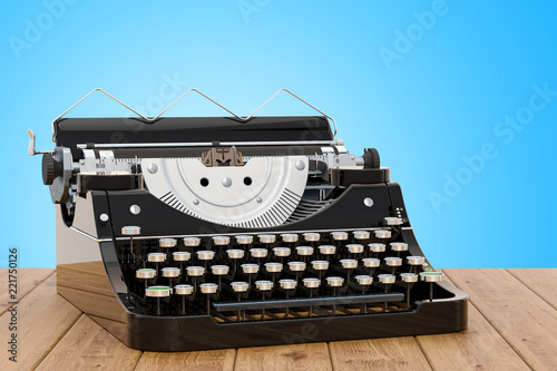Retro Typewriter on the wooden table, 3D rendering