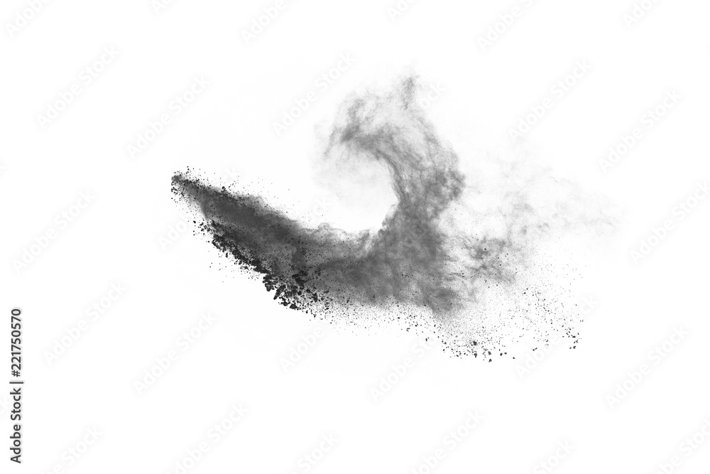 particles of charcoal on white background,abstract powder splatted on white background,Freeze motion of black powder exploding or throwing black powder.
