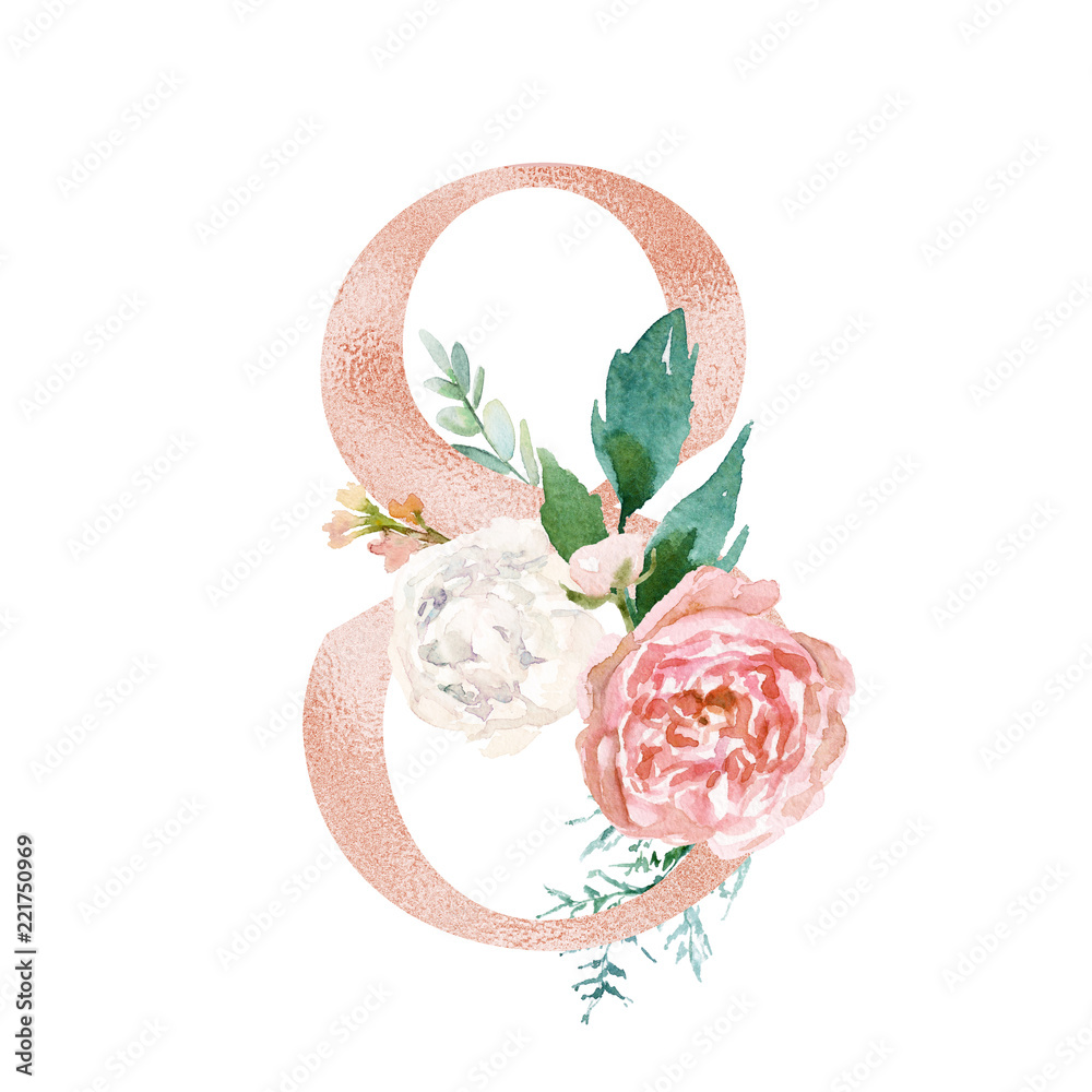 Peach Cream Blush Floral Number - Digit 8 With Flowers Bouquet