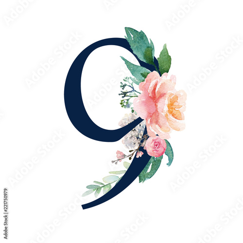 Navy Floral Number - digit 9 with flowers bouquet composition. Unique collection for wedding invites decoration & other concept ideas.