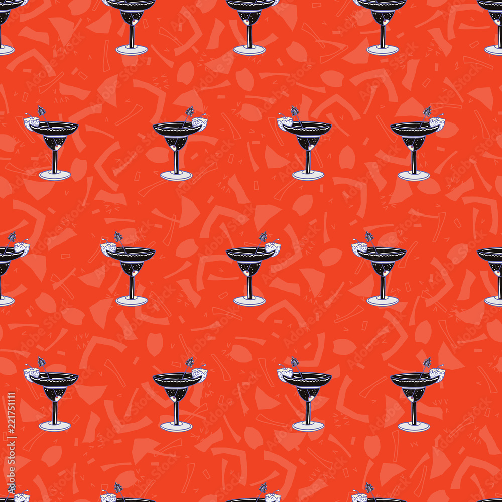 Mixed Drinks Cocktails Glass Seamless Vector Pattern, Drawn Bar