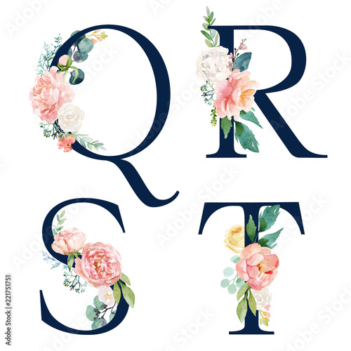 Floral Alphabet Set - set of navy letters Q, R, S, T with flowers bouquet composition. Unique collection for wedding invites decoration and many other concept ideas. photo