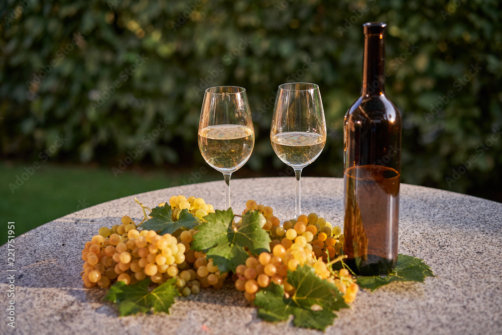 Bottle of white vine with two full vine glasses and fresh juicy and sweet grapes with vine leaves on the stone table in garden restaurant, harvesting of grapes in autumn