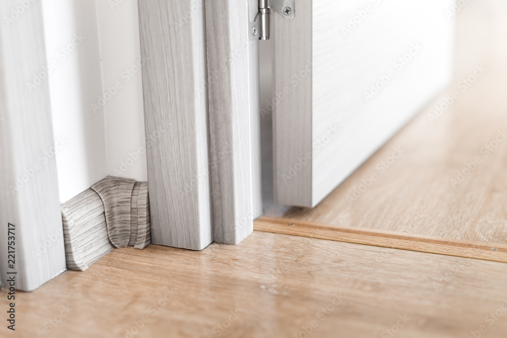 Fototapeta premium Room indoors. Hinge, jamb and plinth near doorway at the flat