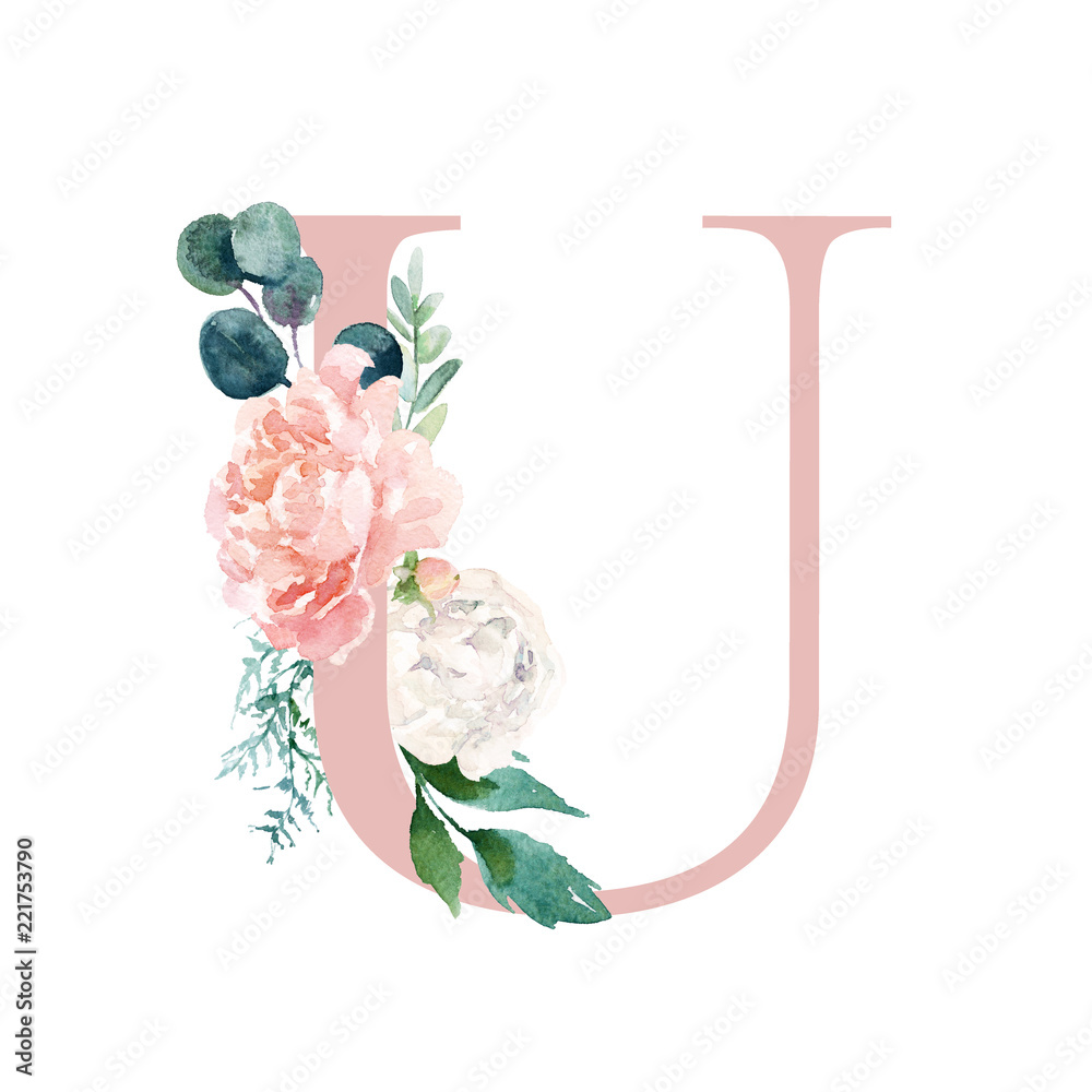 Floral Alphabet - blush / peach color letter U with flowers bouquet  composition. Unique collection for wedding invites decoration and many  other concept ideas. Stock Illustration