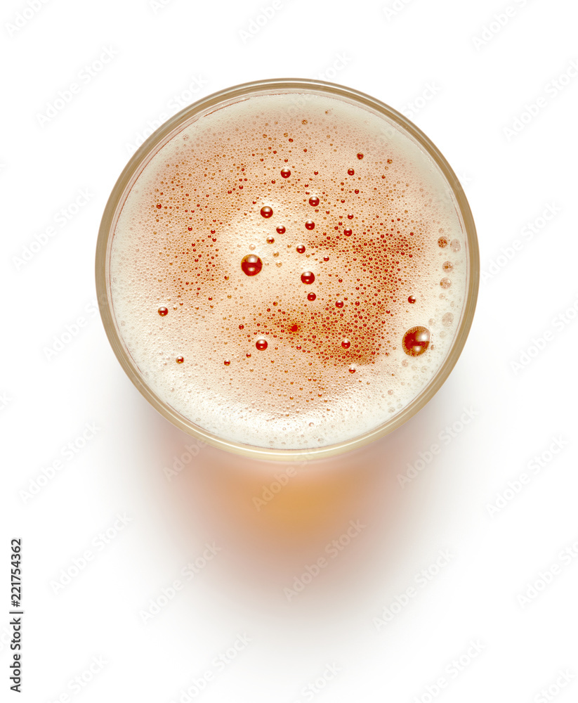 top view of glass of lager beer isolated on white background top view of glass of lager beer isolated on white background