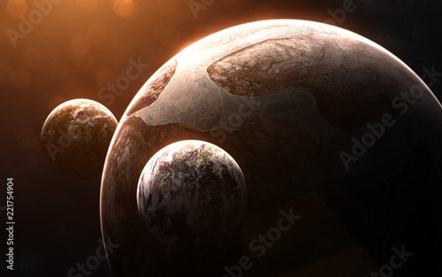 Fototapeta Naklejka Na Ścianę i Meble -  Cold exoplanet with two moons in light of red star. Abstract science fiction. Elements of the image are furnished by NASA